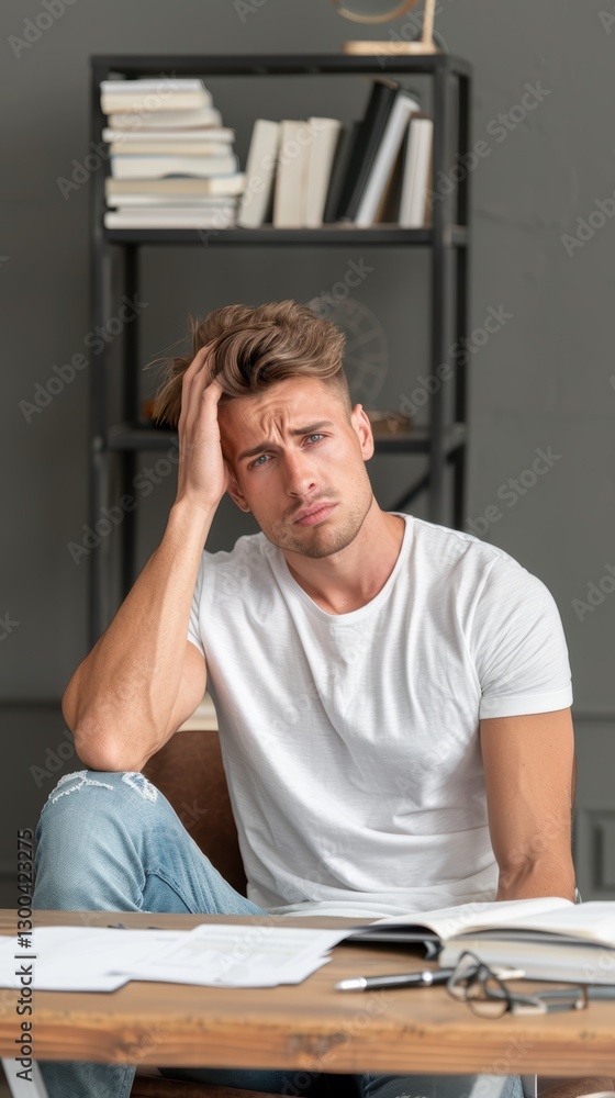 Disgruntled Young Man in Casual Attire Sitting at Desk with Papers Disgruntled Young Man in Casual Attire Sitting at Desk with Papers