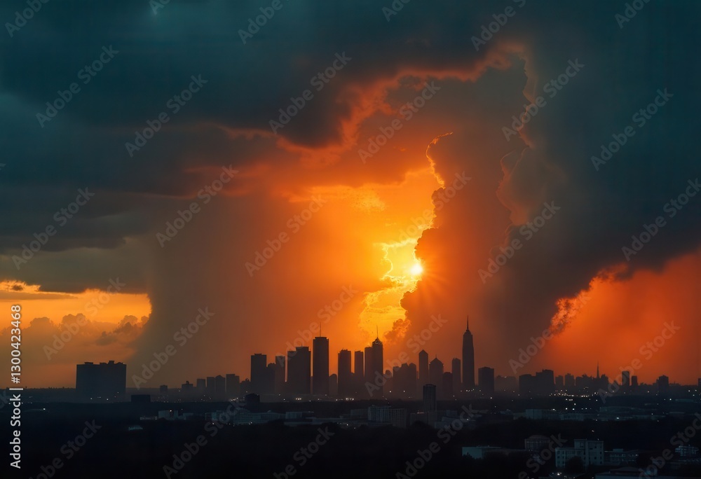 Dramatic Sunset Over City Skyline – Golden Sun Rays Through Clouds Dramatic Sunset Over City Skyline – Golden Sun Rays Through Clouds