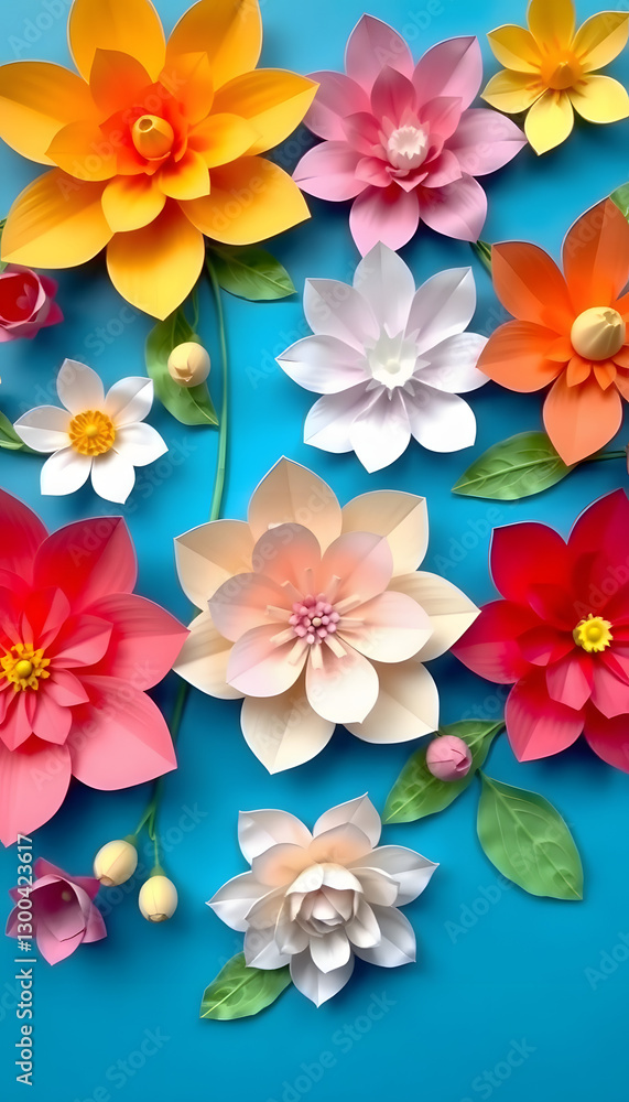 Floral arrangement of paper flowers on a blue background. with white shades Floral arrangement of paper flowers on a blue background. with white shades
