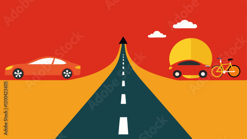 Two Roads A wide paved road with highend cars and a narrow bumpy path with bicycles demonstrating different lifestyles and opportunities.