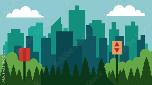 Urban Sprawl A skyline filled with highrises encroaching on a natural forest with signs indicating imminent deforestation for development symbolizing the conflict between urban