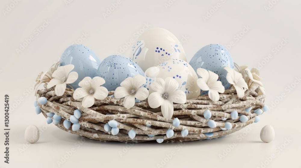 Obraz premium A beautifully arranged Easter nest featuring pastel-colored eggs and delicate flowers on a soft, bright background