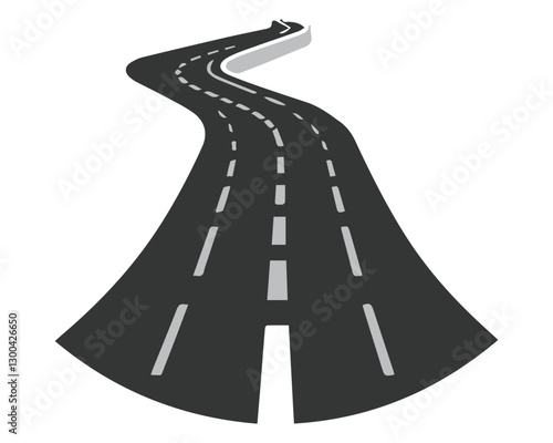 Roads in perspective. Bended pathway road curved city street to horizon. Journey asphalt highway isolated vector set 