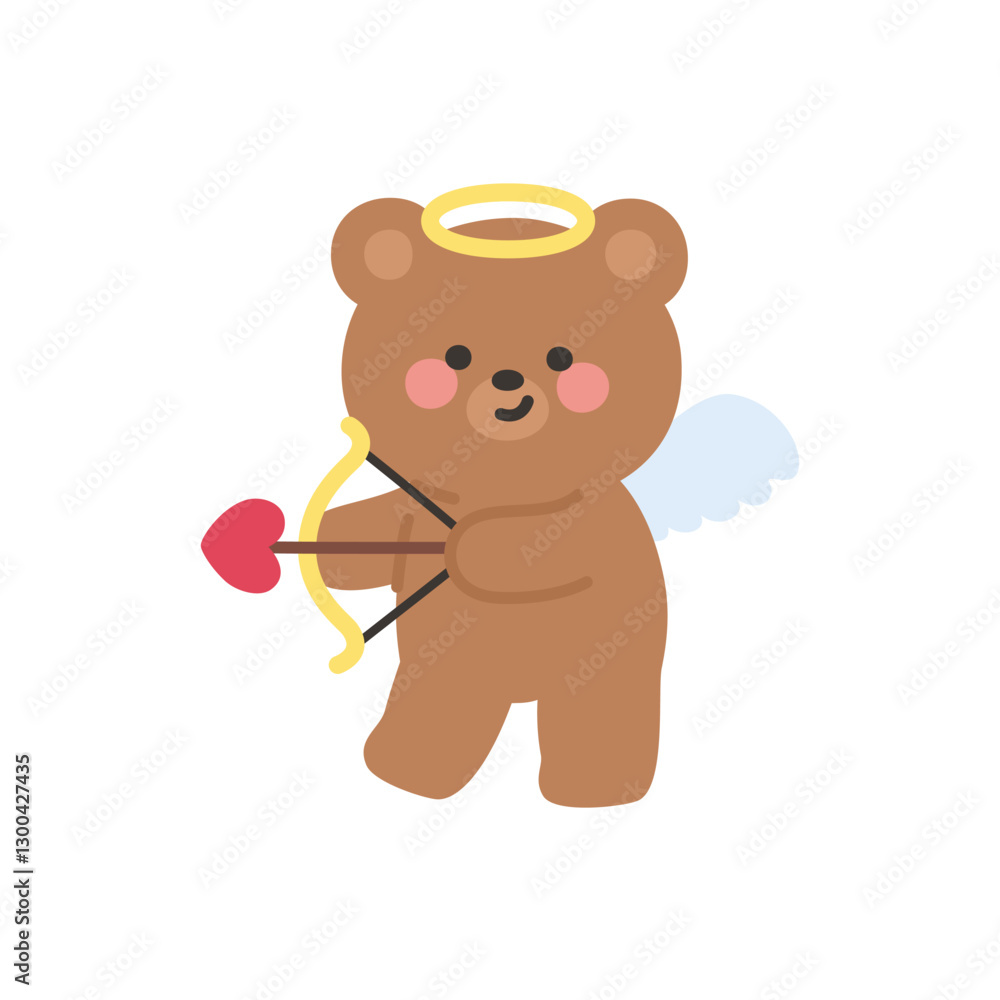 Fototapeta premium Cupid Bear Standing Aiming Heart Bow to the Left Side