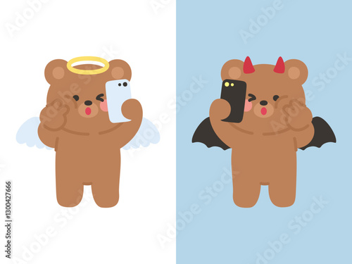 Cute Angel and Devil Bear Taking Selfies in Mirrored Composition on Split Background