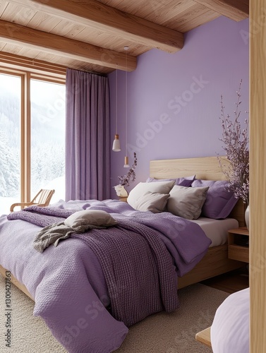 A purple bedroom with a cozy bed and window