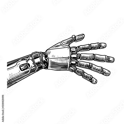 Detailed vector engraved illustration of a robotic hand showcasing advanced engineering and intricate design elements