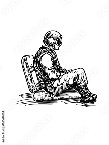 Vector engraved illustration of a soldier seated in a protective seat wearing military gear