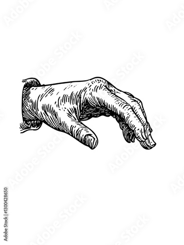 Engraved illustration of a detailed human hand reaching outward with intricate lines and shading