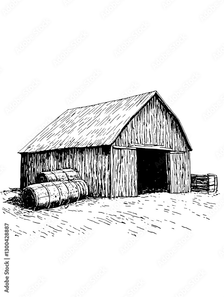 Rustic barn with stacked hay bales in a tranquil rural setting during daylight