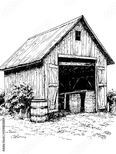 Engraved vector illustration of a rustic wooden barn showcasing traditional architecture and countryside charm in daylight