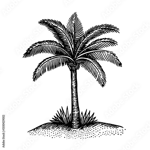 Detailed vector engraved illustration of a palm tree standing on sandy ground with surrounding grass