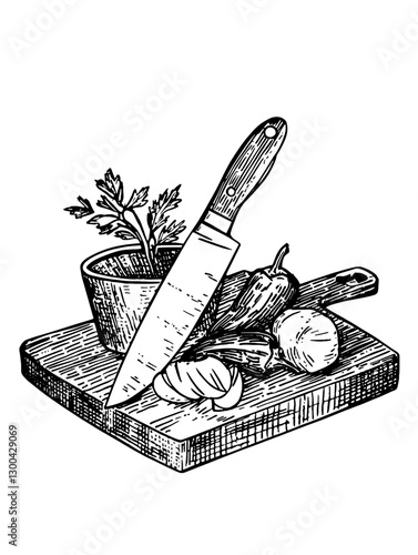 Engraved illustration of a cutting board with vegetables, knife, and bowl for cooking preparation