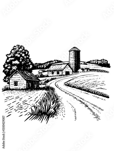 Rustic farm landscape with barn and silo surrounded by rolling fields and trees in a peaceful countryside setting