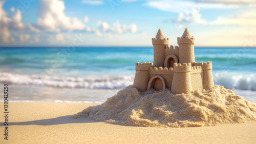 Fototapeta Naklejka Na Ścianę i Meble -  A stunning sandcastle on the shore with starfish and a bright sky with fluffy clouds