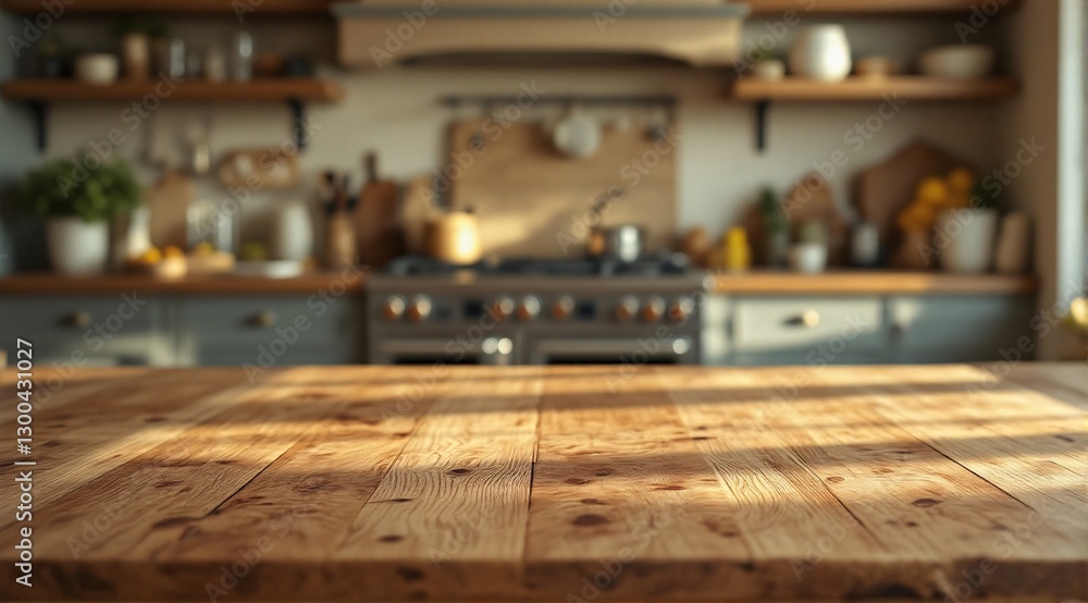 A clean wooden kitchen table with a sharp focus in the foreground, with a modern minimalist kitchen faintly visible in the background. A clean wooden kitchen table with a sharp focus in the foreground, with a modern minimalist kitchen faintly visible in the background.