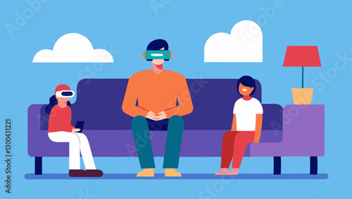 Virtual Reality Overload A person with VR goggles sitting on a couch oblivious to their surroundings while family members try to get their attention showing the divide between