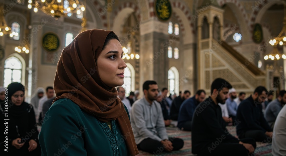 A woman in a hijab sits serenely amidst a congregation in a mosque, bathed in soft light. A woman in a hijab sits serenely amidst a congregation in a mosque, bathed in soft light.