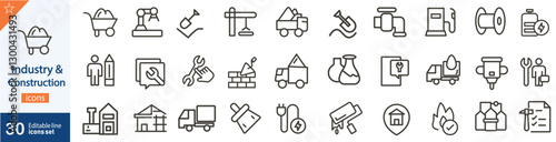 Industry and Construction Line Icons Set. Set of 30 outline icons related to industry and machinery, Vector illustration. Linear icons set. Industry and construction outline icon. editable stroke