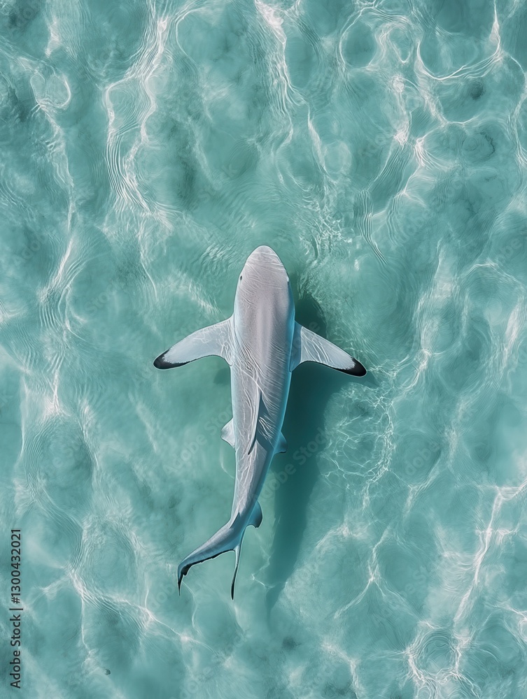 Obraz premium top-down view of an overhead shot from above, capturing the outline and shape of a small shark in shallow water.