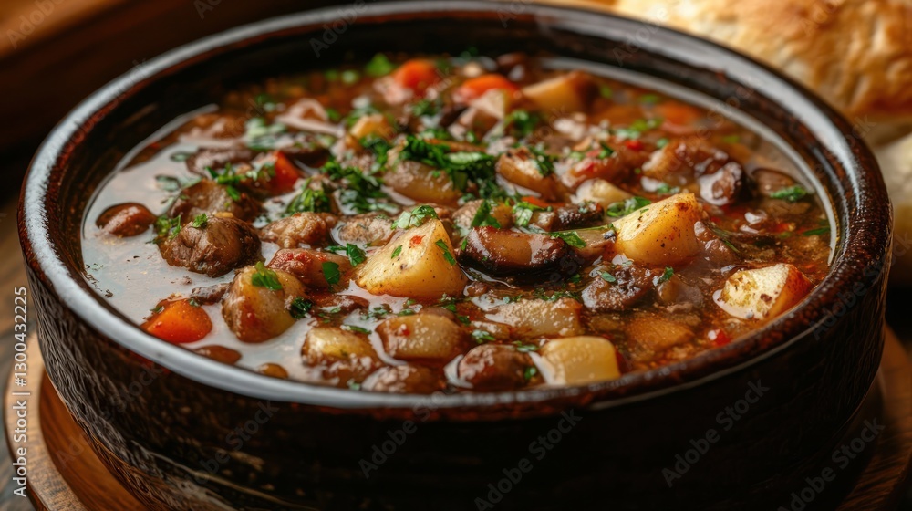 A steaming bowl of hearty vegetable stew with meat, garnished with herbs, served in a rustic setting A steaming bowl of hearty vegetable stew with meat, garnished with herbs, served in a rustic setting