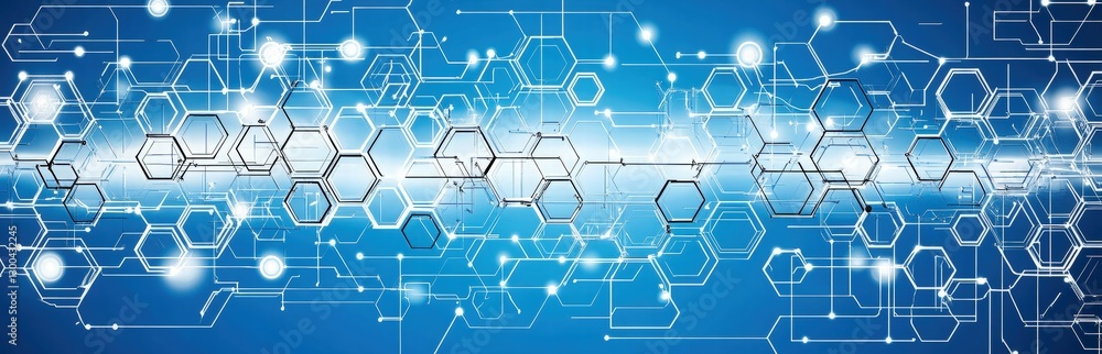 Blue abstract tech background. Hexagons, circuits & lights. Use Science Blue abstract tech background. Hexagons, circuits & lights. Use Science