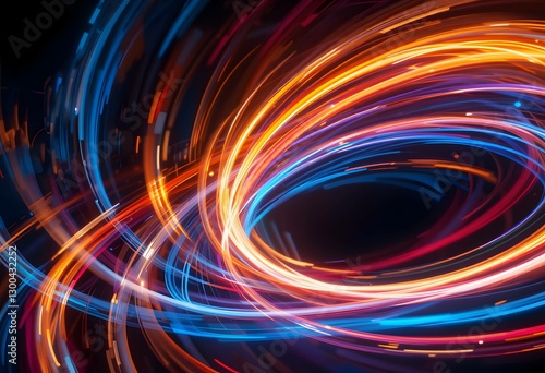 Colorful Light Trails Abstract Swirl Pattern Neon Motion Effect. Energetic and modern. Ideal for technology, web banner backgrounds