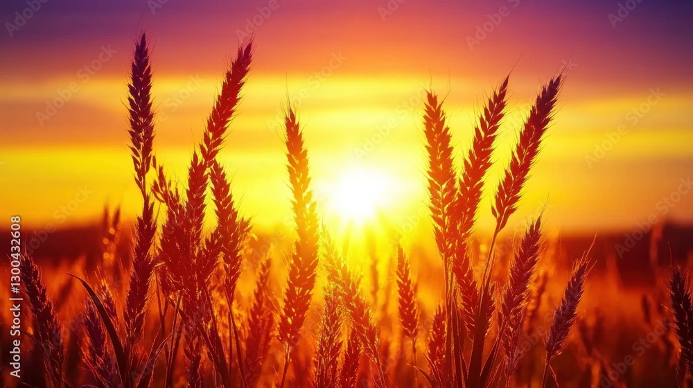 Fototapeta premium Glowing Sunset Over Wheat Fields in Warm Evening Light