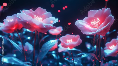 Glowing pink flowers bloom in a mystical, neon-lit forest creating an ethereal atmosphere
