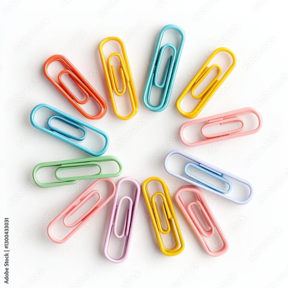 Colorful Paper Clips Arranged in Circle on White Background Colorful Paper Clips Arranged in Circle on White Background