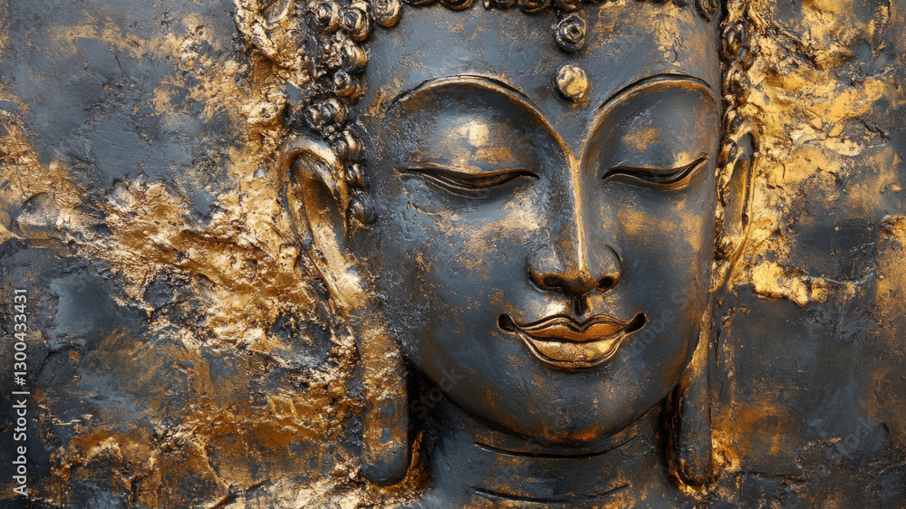 Close-up of a golden Buddha sculpture with serene facial expression Close-up of a golden Buddha sculpture with serene facial expression