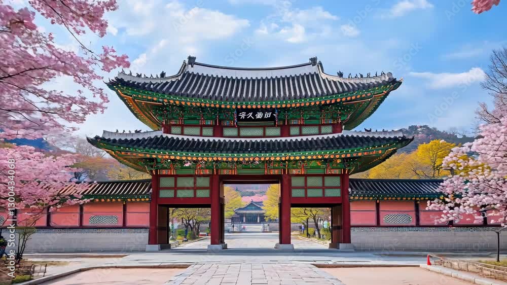 A beautifully ornate palace gate framed by vibrant pink cherry blossoms in full bloom, set against a clear blue sky. This scene captures the elegance of Korean architecture and the serene beauty A beautifully ornate palace gate framed by vibrant pink cherry blossoms in full bloom, set against a clear blue sky. This scene captures the elegance of Korean architecture and the serene beauty