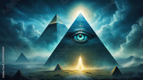 Wallpaper Mural A mystical and surreal scene featuring a large, illuminated pyramid with a prominent eye, against a dramatic sky with swirling clouds and ethereal light, creating a sense of mystery and wonder Torontodigital.ca