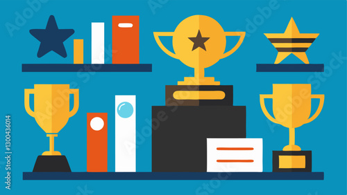 Trophy Shelf A shelf filled with trophies and awards ing achievement but includes a reality TV trophy highlighting how success is redefined through media exposure.