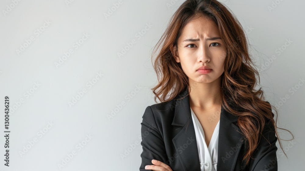 Sad Office Girl Sulking in Disappointment Against a White Background, Expressing Distress and Frustration in an Office Setting Sad Office Girl Sulking in Disappointment Against a White Background, Expressing Distress and Frustration in an Office Setting