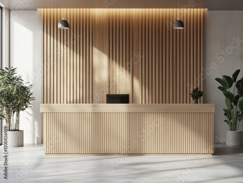A modern reception area featuring wooden paneling and a desk