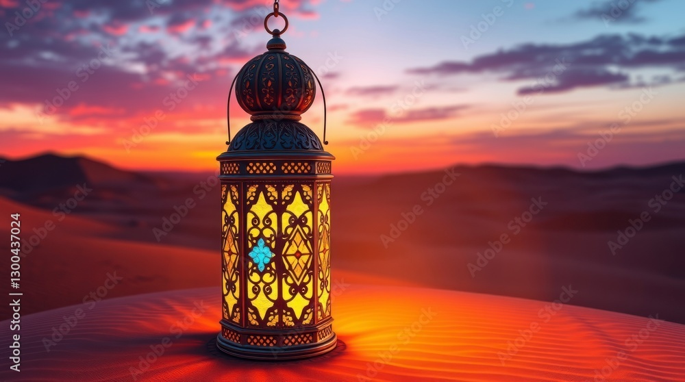 Ornate Lantern at Sunset in Desert Landscape Ornate Lantern at Sunset in Desert Landscape