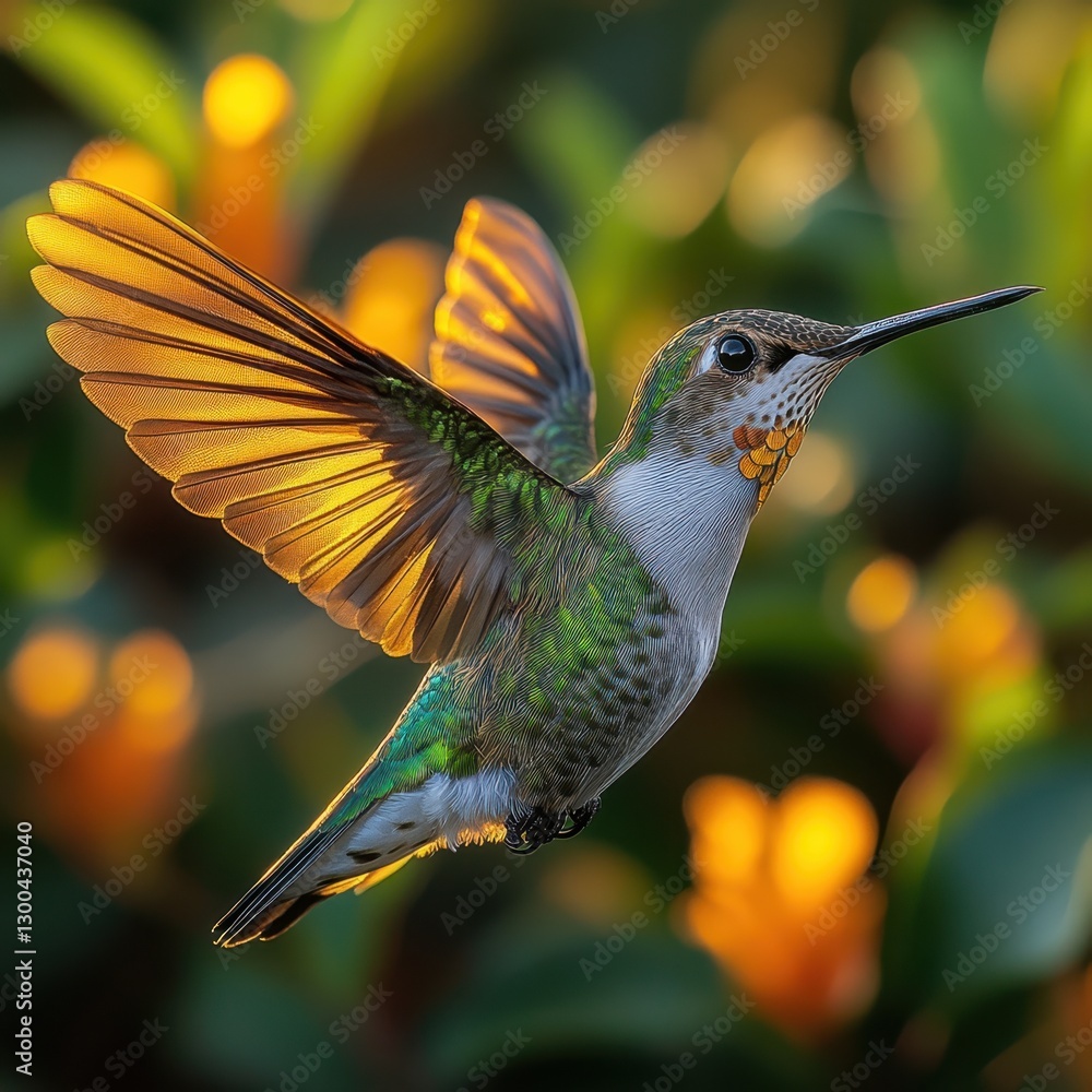 Obraz premium Graceful hummingbird in mid-flight with golden light illuminating its delicate wings 
