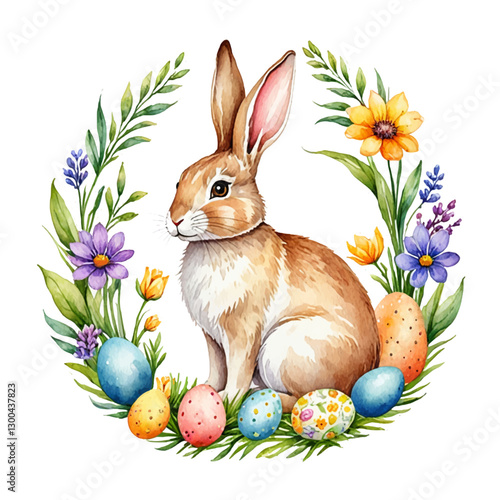 Easter rabbit with spring flowers and leaves wreath watercolor. Cute vintage bunny isolated on white background