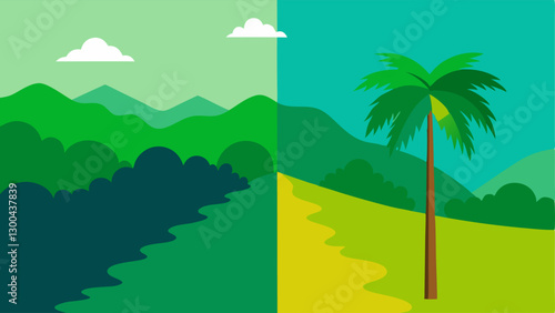 Tropical Forest to Field Transition A sidebyside showing a lush green rainforest on one side and a barren palm oil plantation on the other with a clear demarcation