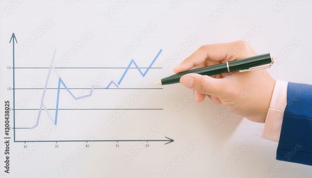 Businessman analyzing progress on a chart with a pen, depicting growth and success. Businessman analyzing progress on a chart with a pen, depicting growth and success.