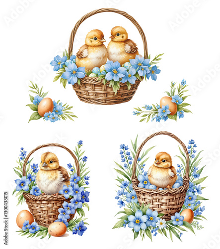 Chickens in a basket with flowers. set of Easter illustrations. easter eggs, blue flowers. vector
