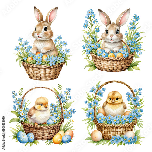 Chicken and bunny in a basket with flowers and easter eggs. set of Easter illustrations.  blue flowers. vector