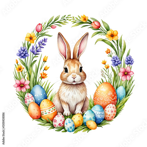 Easter rabbit with spring flowers and leaves wreath watercolor. Cute vintage bunny isolated on white background