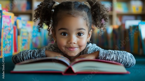 Adorable little girl with curly hair happily engrossed in a book, a charming image representing childhood, literacy, and education.