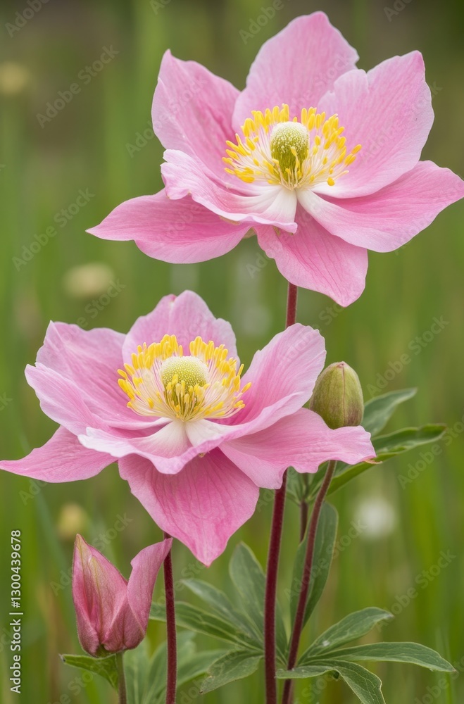 Fototapeta premium Pink Andersonii flower, three flowers together, pink petals and yellow stamens, green leaves in the background, close-up of two large flowers with one small bud on top
