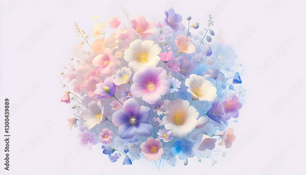 Fototapeta premium A hologram of soft pink, lavender and light yellow flowers in full bloom, the flowers blending together and swaying naturally