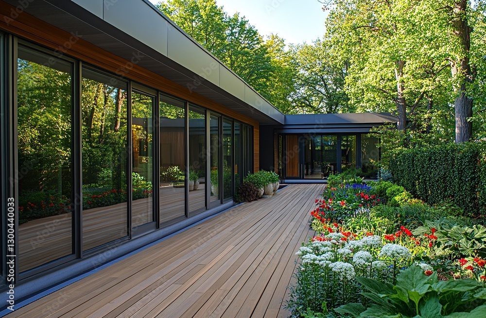Obraz premium Modern House Design: Expansive Deck with Lush Garden and Floor-to-Ceiling Windows Reflecting Greenery
