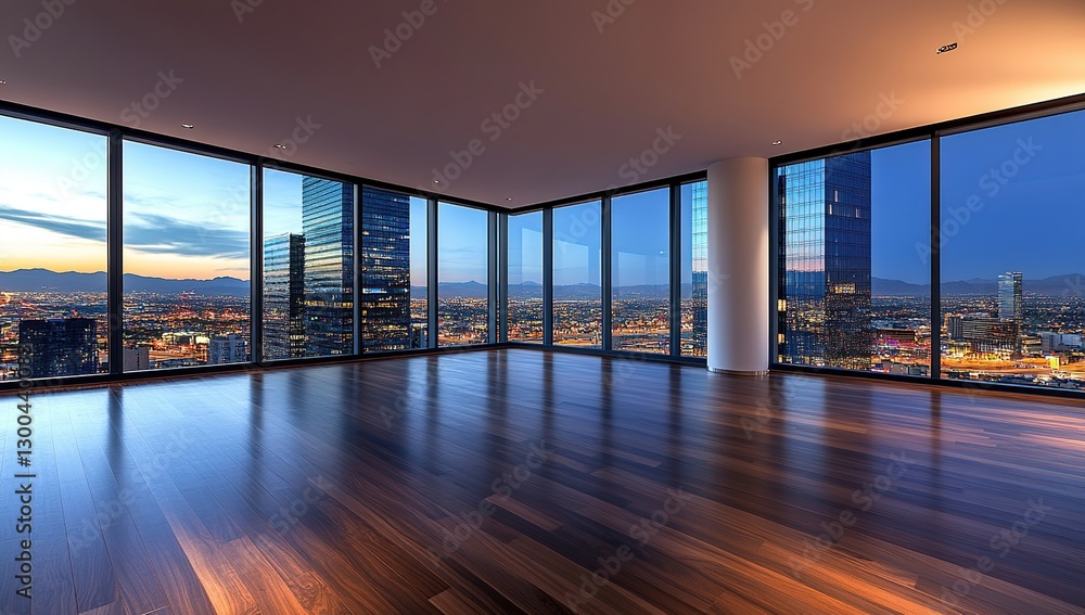 Fototapeta premium Luxury Penthouse: City Views from Floor-to-Ceiling Windows at Dusk, Stunning Panoramic Night Skyline, Modern Architectural Design