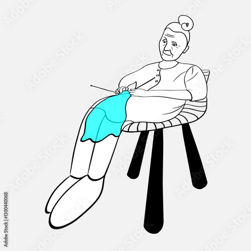 Perspective image of a grandmother sitting on a chair and knitting.